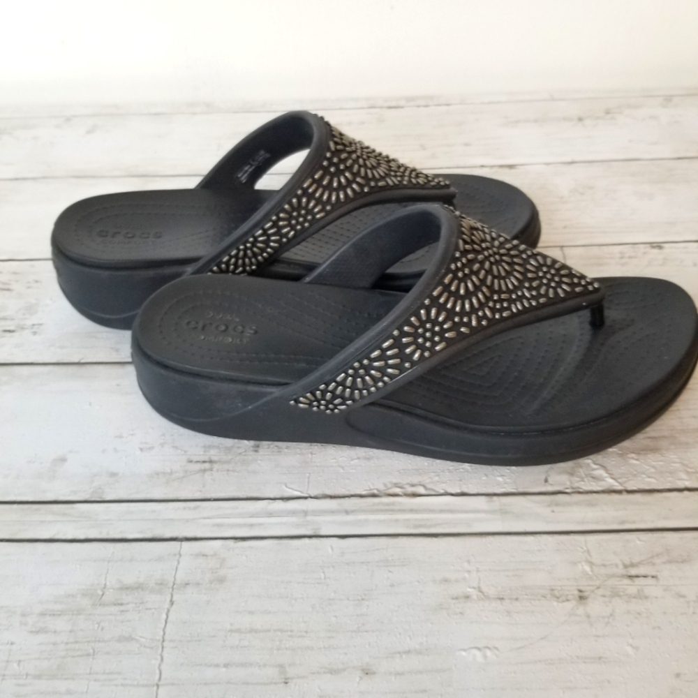 Crocs Monterey Dual Comfort Embellished Wedge Thong Sandals